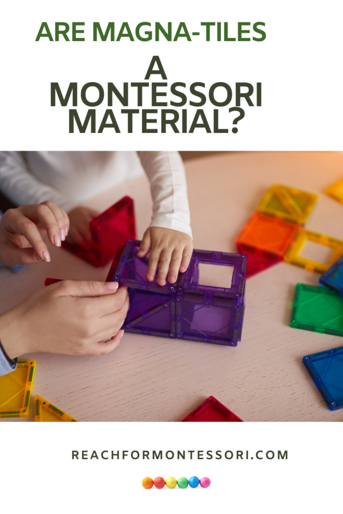 pinterest image of child playing with purple magnatiles for are magnatiles a montessori materials post.