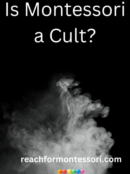 pinterest image of black background with smoke and text overlay that reads is montessori a cult.