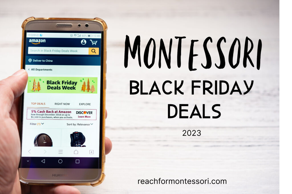 image of hand holding phone and text overly that reads Montessori black friday deals 2023.