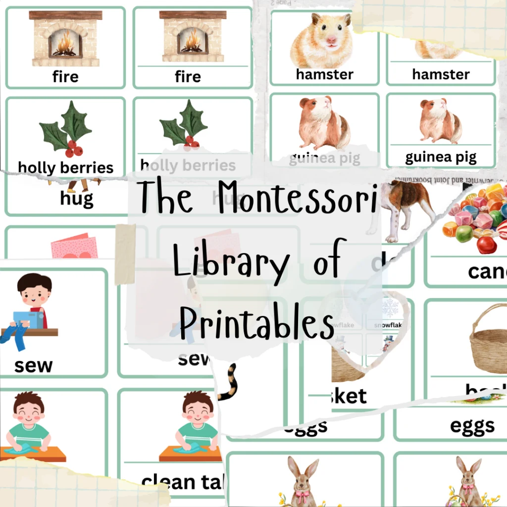 Image of montessori printable activities with text overlay that reads the montessori library of printables.